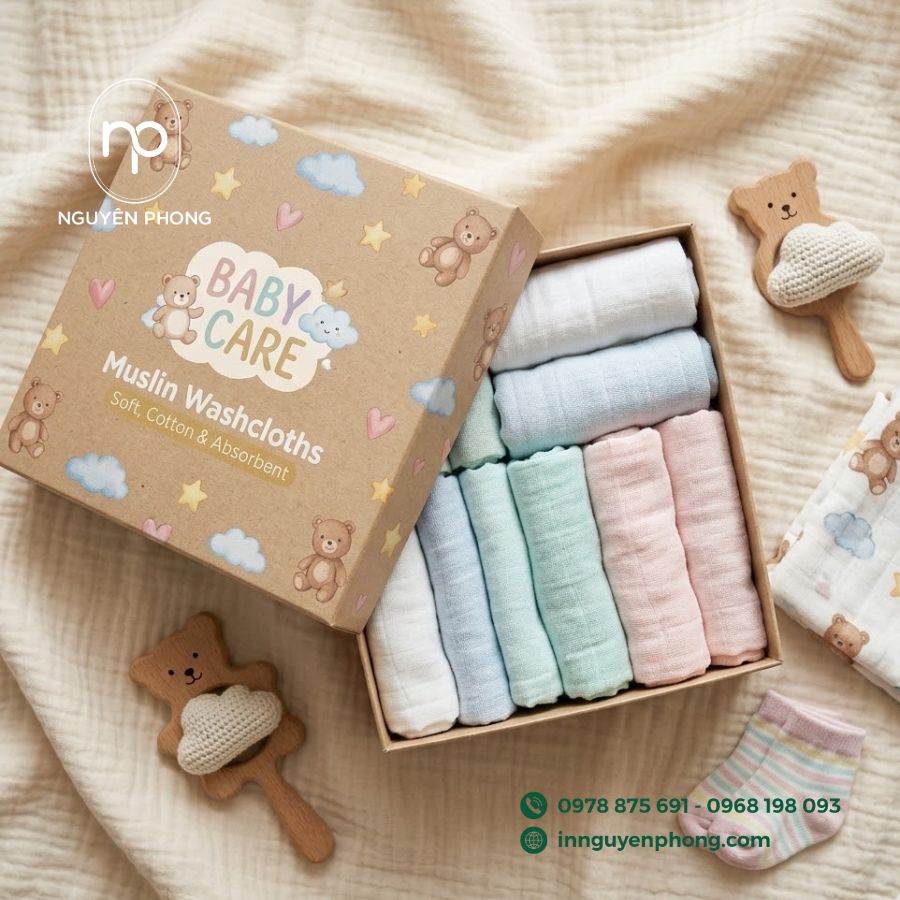 in hộp đựng khăn xô, khăn sữa cho em bé